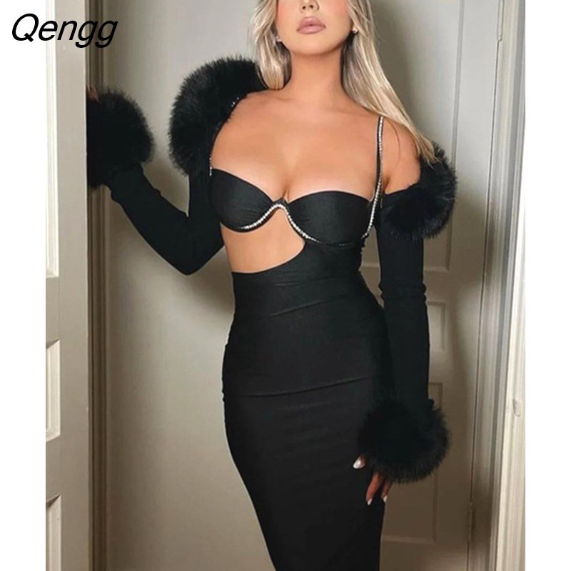 Qengg 2023 Autumn New Fashion Women's Short Jackets Solid Knitting Long Sleeve Patchwork Feathers Slim Black Tops Female 19J982H