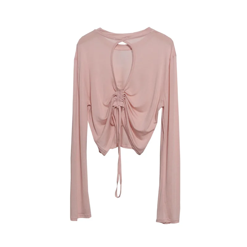 Uveng Han Shied Bare Back Drawstring Blouse Woman Summer Small Casual Wear Thin Hoodie Short-Sleeved T-Shirt 85827