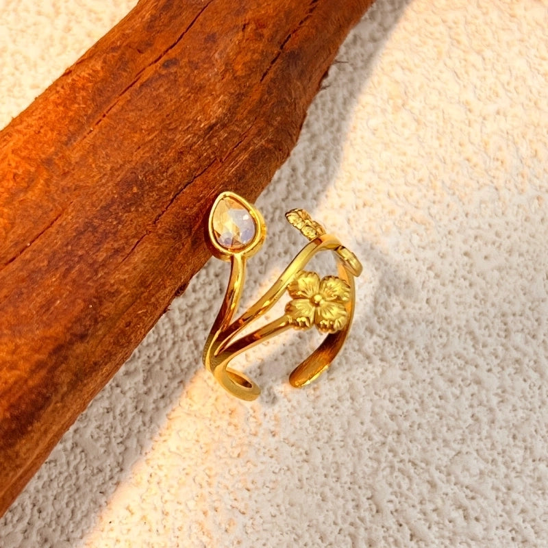 Casual Retro Classic Style Flower 304 Stainless Steel Zircon 18K Gold Plated Plating Open Rings