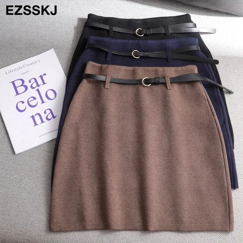 spring Autumn retro A-line PENCIL mini skirt female fashion high waist  slim skirt  solid color badycon knitted short skirt