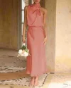 Long Formal Satin Dress Mock Neck High Neck Evening Dress