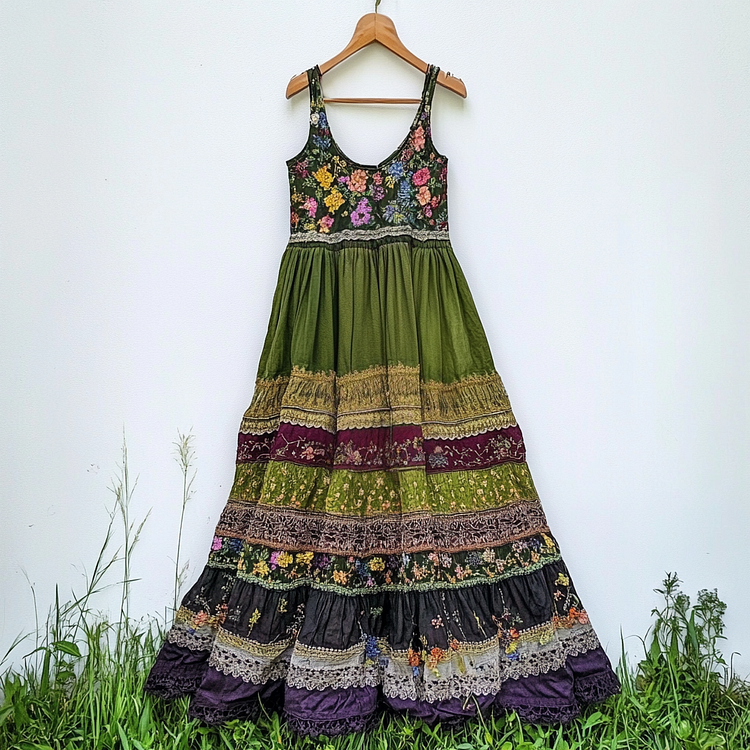 Utbros Women's Vintage Bohemian Floral Patch Comfort Dress