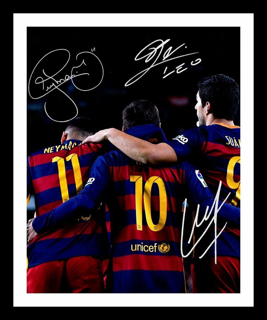 Lionel Messi & Luis Suarez & Neymar Jr - FC Barcelona Signed & Framed Photo Poster painting 1