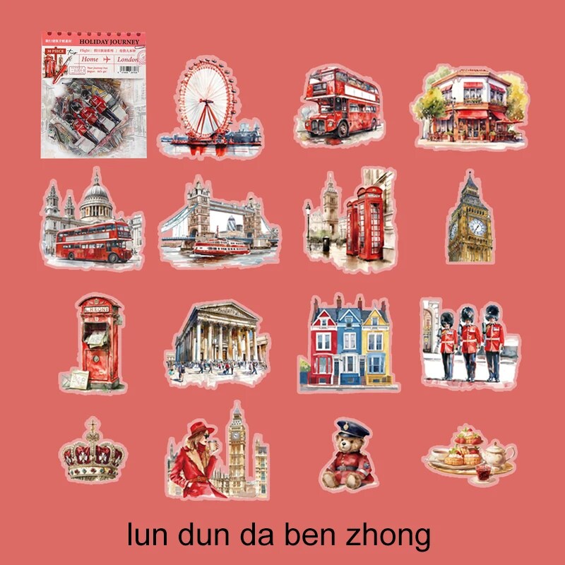 Journalsay 30 Sheets Holiday Trip Series Vintage Building Landscaping PET Sticker