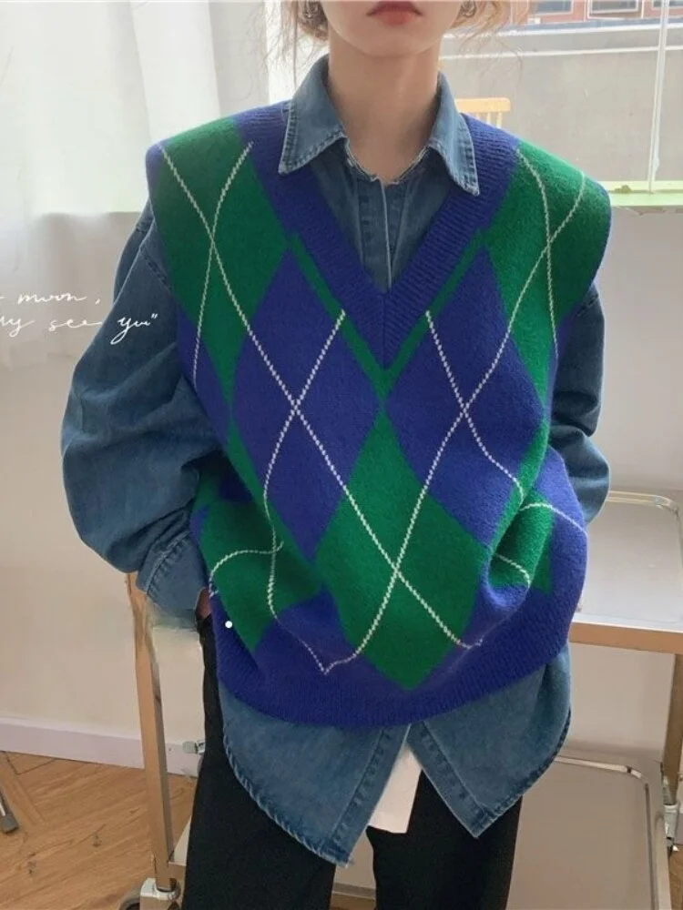 Women Argyle Sweater Vest Classic Hipster Students All-match Soft Slim Korean Style Ins Females Jumpers Retro High Quality Chic