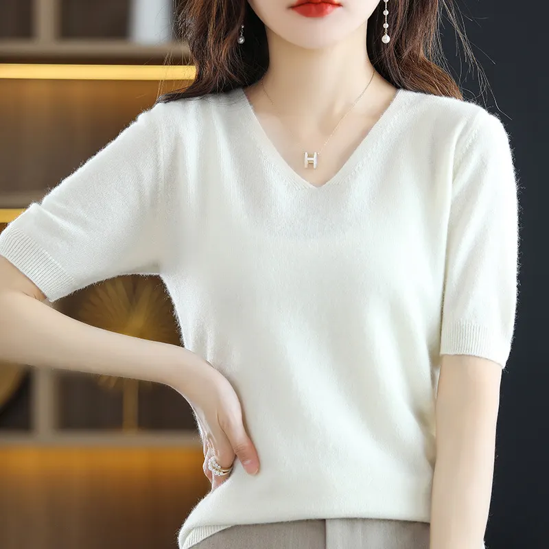 Churchf Churchf 2024 New Short-Sleeved Sweater Women's T-Shirt Solid Color V-Neck Short-Sleeved Bottom Shirt Top Thin Style A Hair