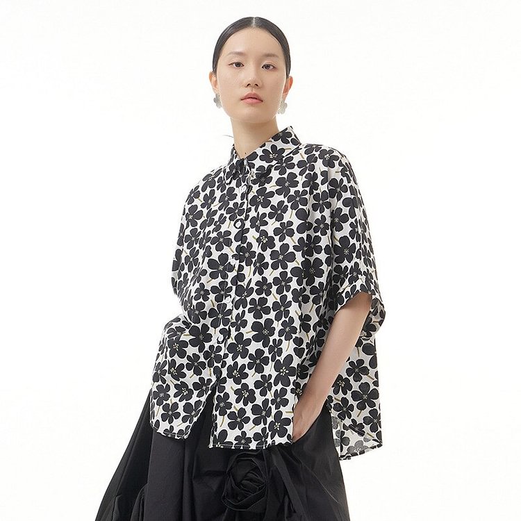 Temperament Turn-down Collar Flowers Printed Short Sleeve Shirt   