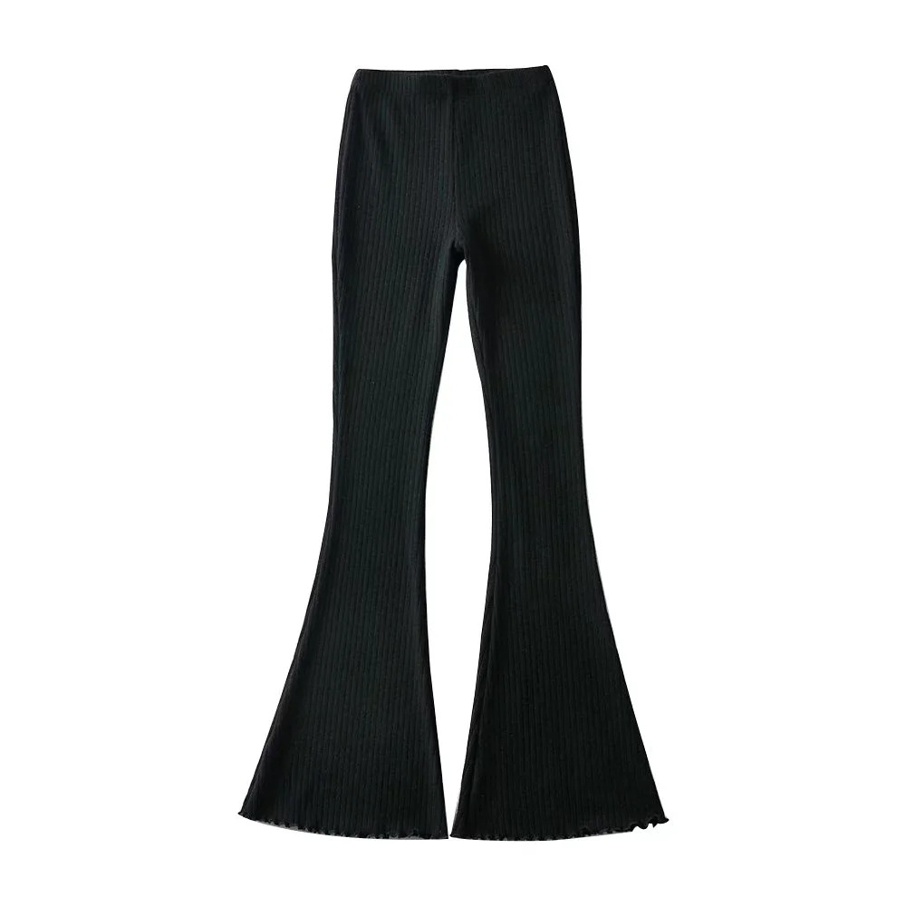 Ootddress Solid Knitted High Waist Flare Pants For Women Ribbed Casual Leggings Female Stretchy Bodycon Trousers Fashion Streetwear