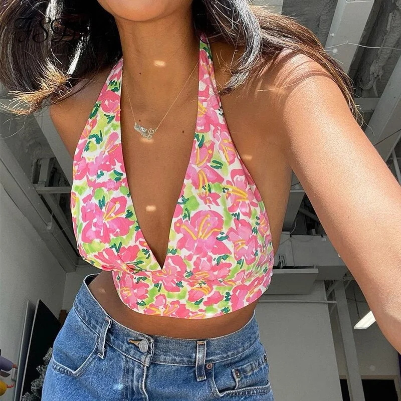 Floral Print V Neck Women Crop Top Halter Neck Backless Bandage Summer 2022 Sexy Sleeveless Tank Tops Casual