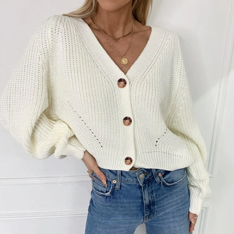 Mayoulove Women's Cardigans Lantern Sleeve V-Neck Button Plain Knitted Sweater-Mayoulove