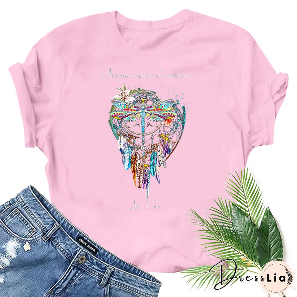 Dragonfly Windchimes Print Women T Shirt Short Sleeve O Neck Loose Women Tshirt Ladies Fashion Tee Shirt Tops Clothes Mujer