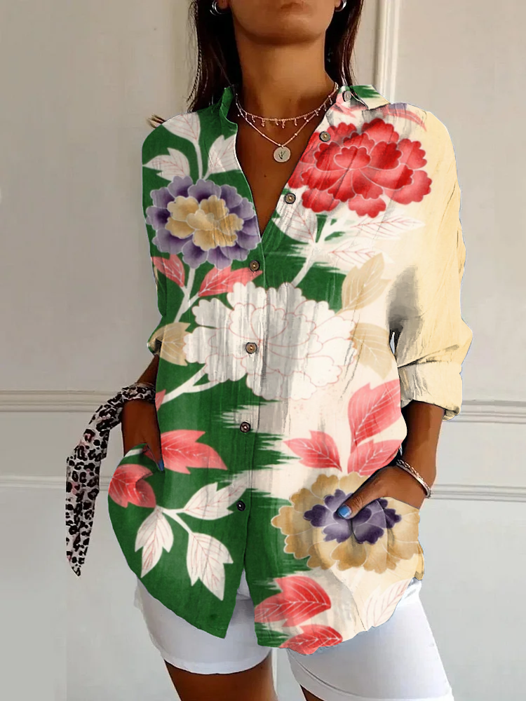 Classic Colorful Floral Print Casual Long Sleeve Shirt
