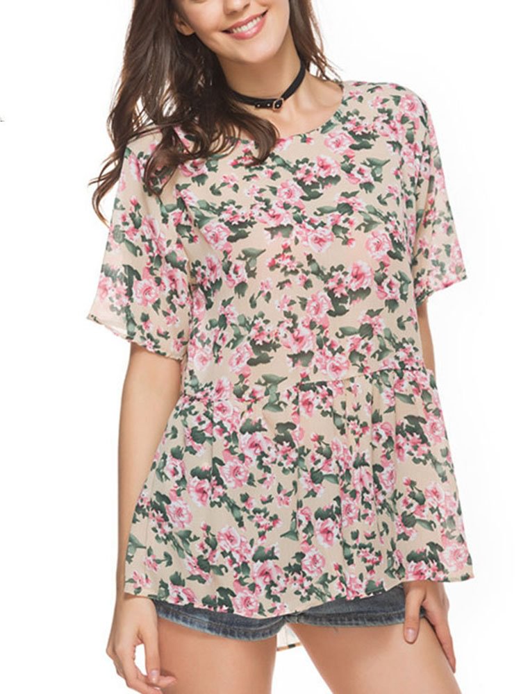 Casual Floral Print Pleated Short Sleeve O neck Women T shirt P1175424