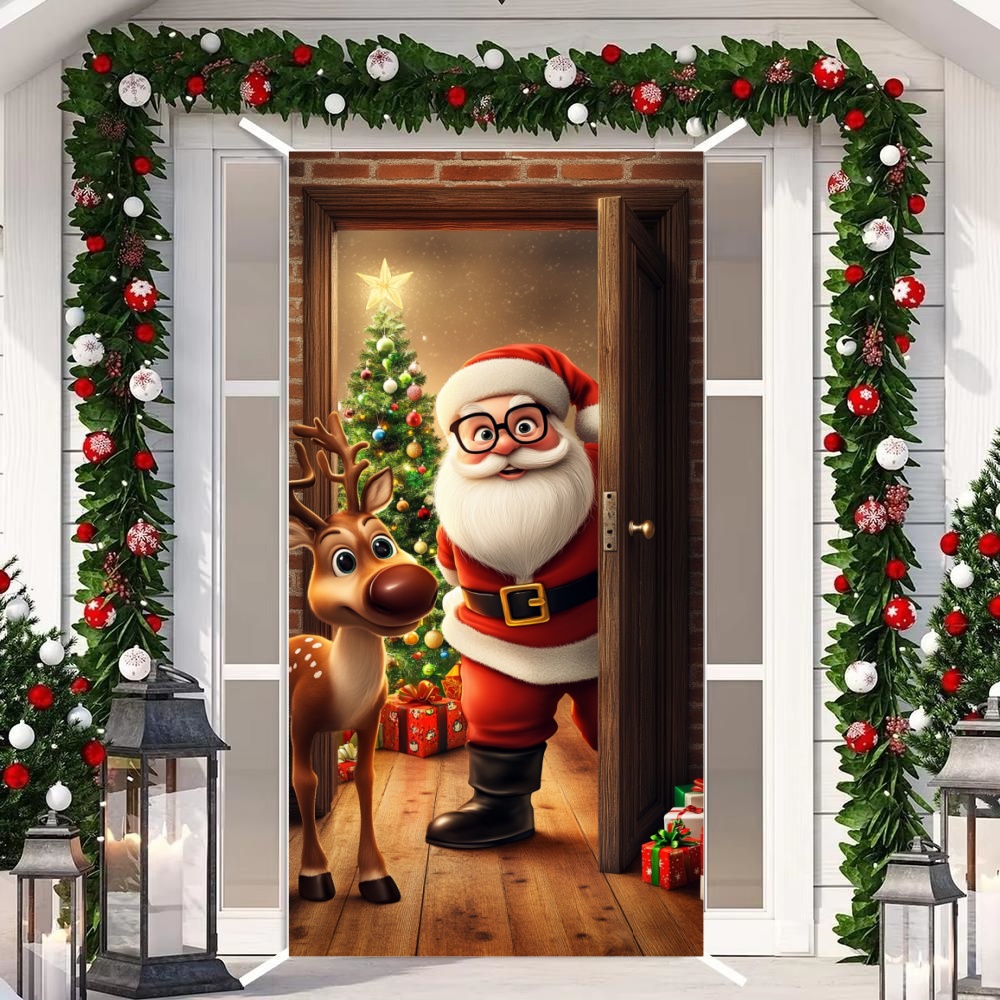 Tegooe Christmas Fabric Door Cover Banner Merry Xmas Photo Booth Backdrop for IndoorOutdoor Holiday Decor