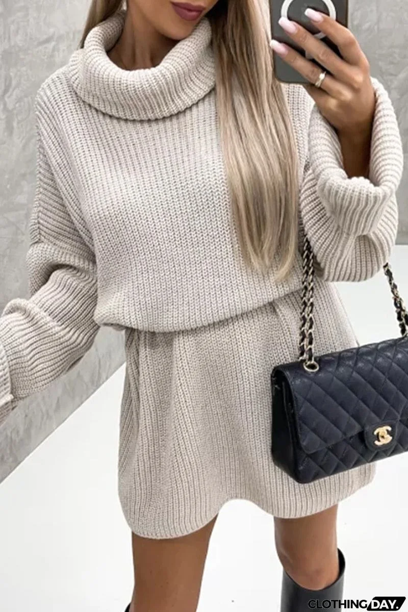Elegant Solid Patchwork Turtleneck One Step Skirt Dresses