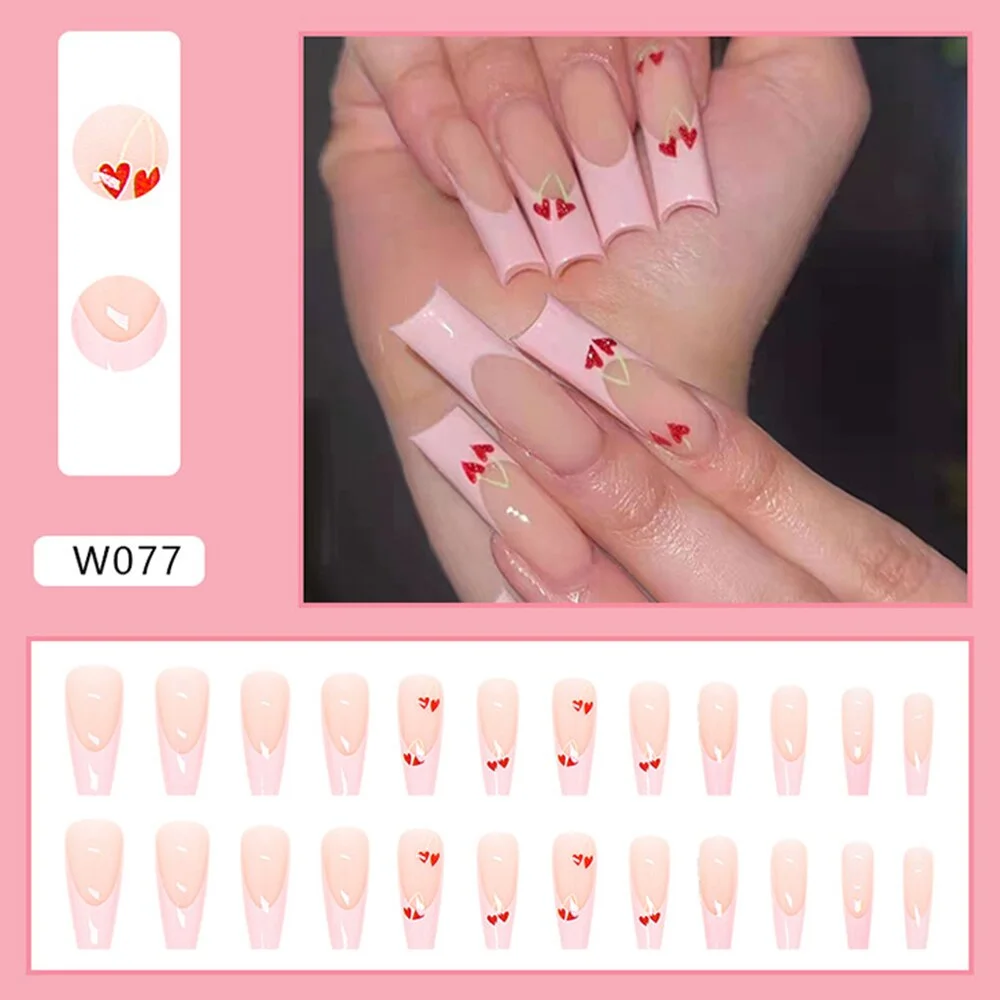 24pcs Pink Rose Design False Nail Patch Coffin Fake Nails Removable Long Paragraph Fashion Manicure Nail Art Press On Nail Tips-Nail Inspo