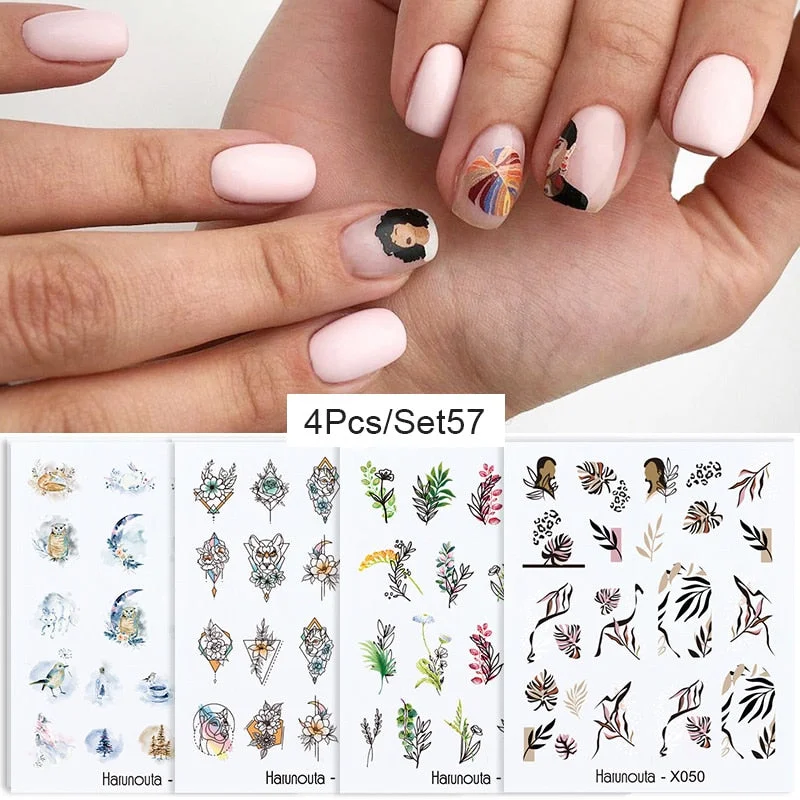 Harunouta 4Pcs Colorful Wave Leaf Flowers Water Decals Stickers Fruit Snake Designs Manicure Nail Art Decorations For Summer