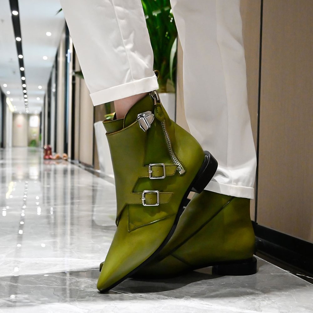 Chelsea Boots Green Zipper Booties Leather Ankle Shoes