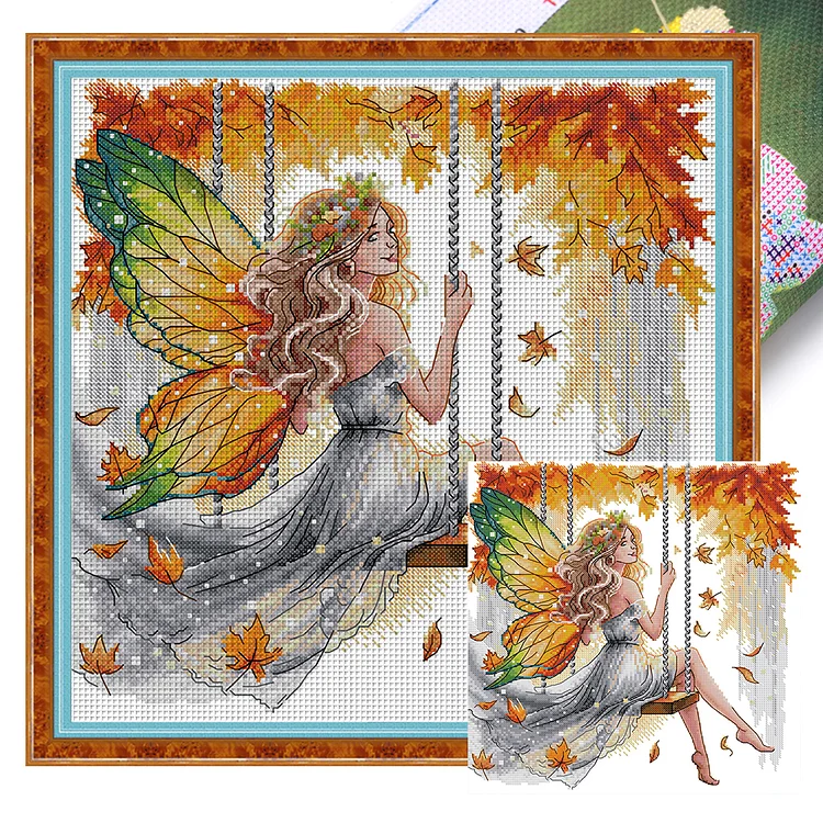Joy Sunday- Butterfly fairy swinging on a swing- 14CT - 2 Strands Threads Printed Cross Stitch - 34*34cm(Canvas)
