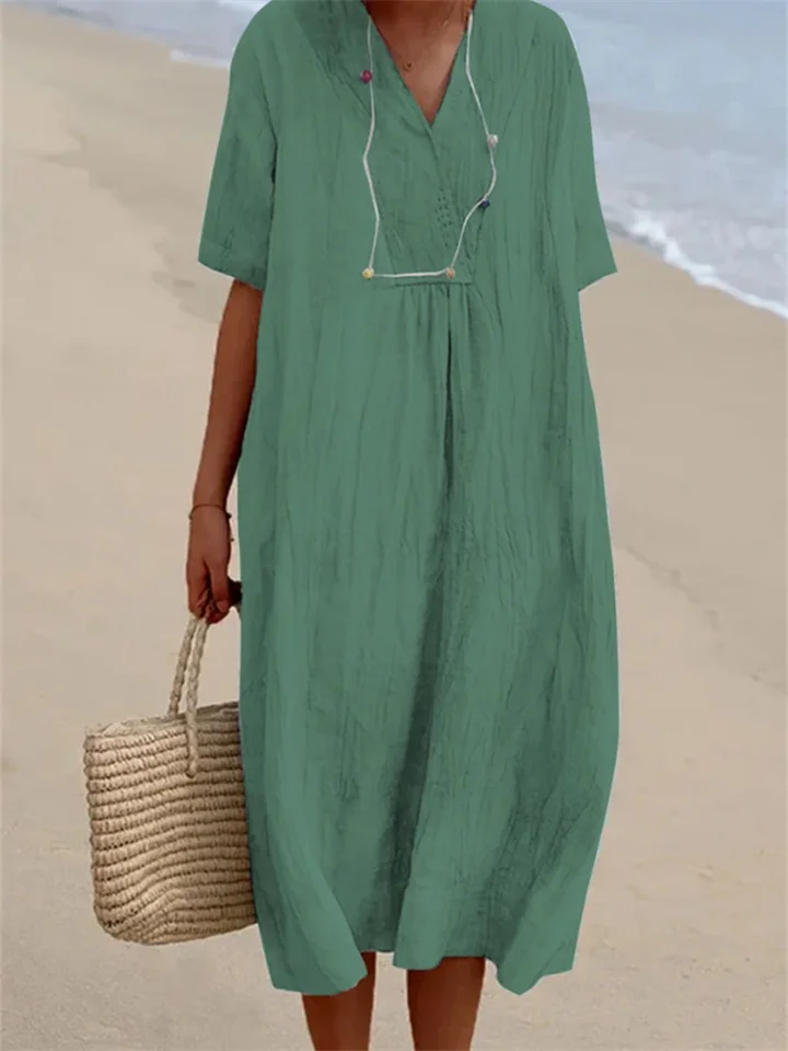 Summer New Women's Versatile Hot Explosive Models Casual Thin Skirt Solid Color Cotton Linen Dresses-Cosfine
