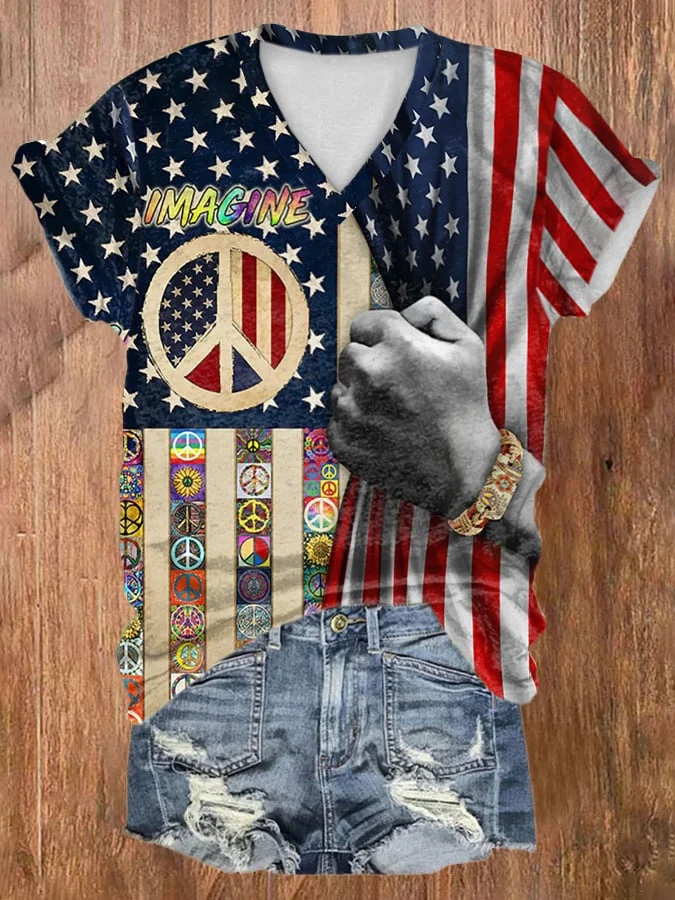 Women's Hippie American Flag Print V-Neck T-Shirt socialshop