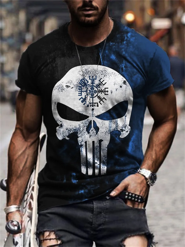 Wearshes Men's Viking Vegvisir Skull Bleeding Contrast Art T Shirt