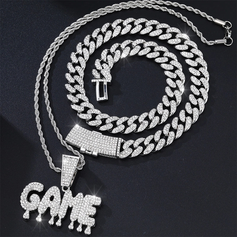 Hip Hop Game Letter Pendant Necklace Full Diamond Full Zirconium Gold Plated Cuban Link Chain Advanced Accessories
