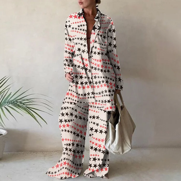 Lapel Cute Star Print Loose Two Piece Set