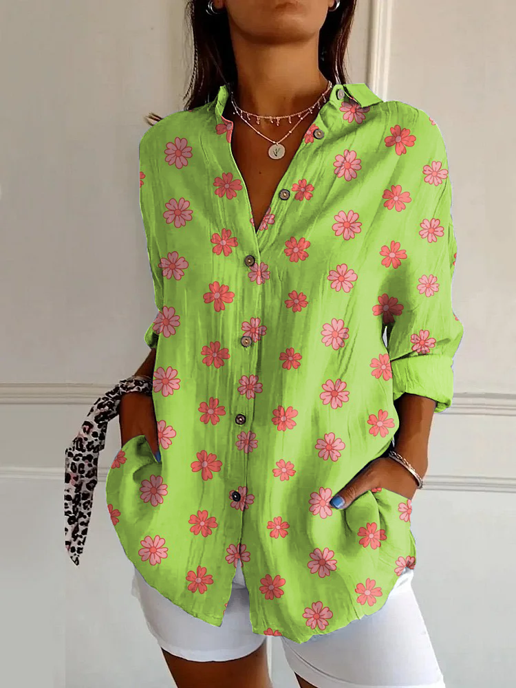 Classic Cherry Print Casual Long Sleeve Shirt