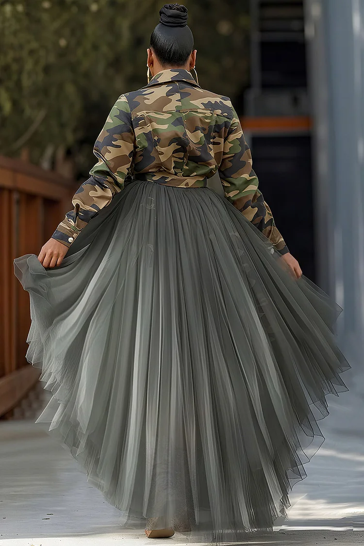 Xpluswear Design Plus Size Party Army Green Camo Shirt Collar Long