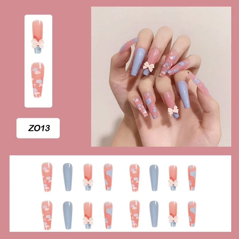 24pcs Butterfly decorated false nails Removable Long Paragraph Fashion Manicure press on nail tips full cover acrylic for girls-Nail Inspo