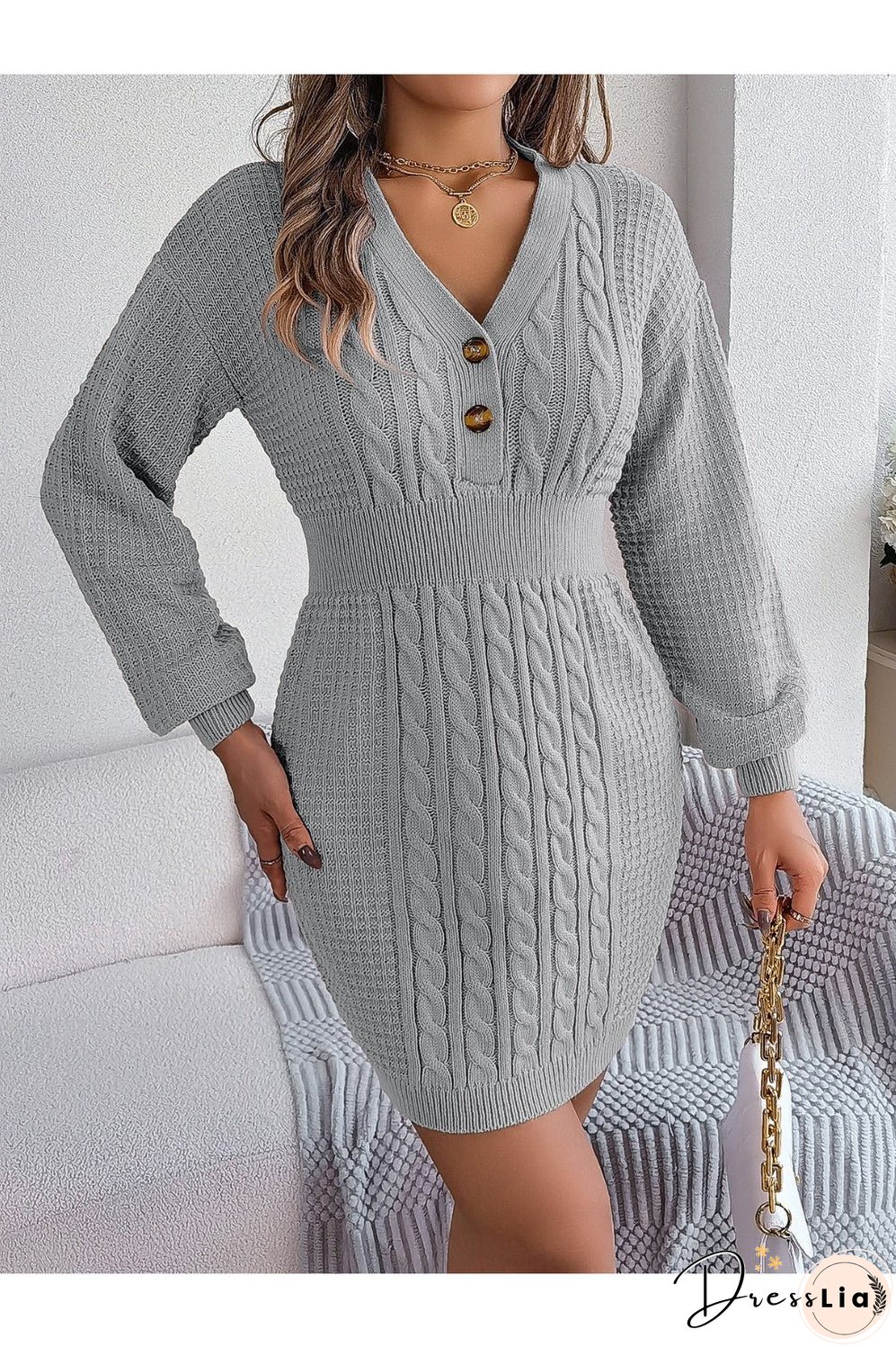 Buttoned Cable-Knit V-Neck Sweater Dress