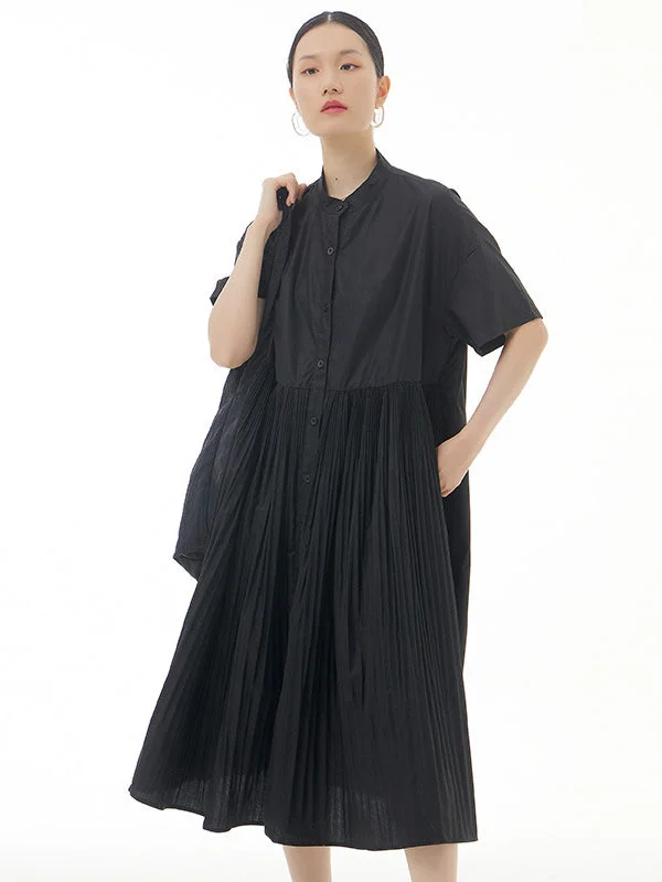 Urban Loose Solid Color Stand Collar Pleated Midi Dress