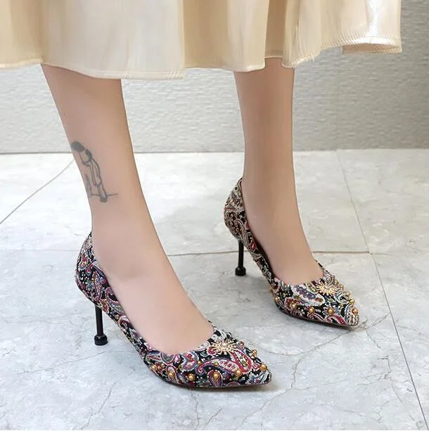 glitter crystal metal snow rivets single shoes red/black women wedding shoes pointed toe thin high heels slip on pumps stilettos