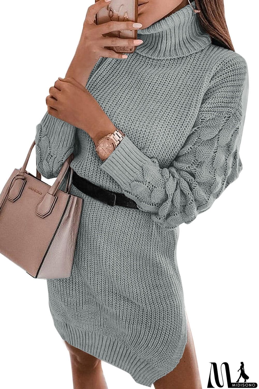 MidiSono - Plain Turtleneck Sweater Dress with Slits