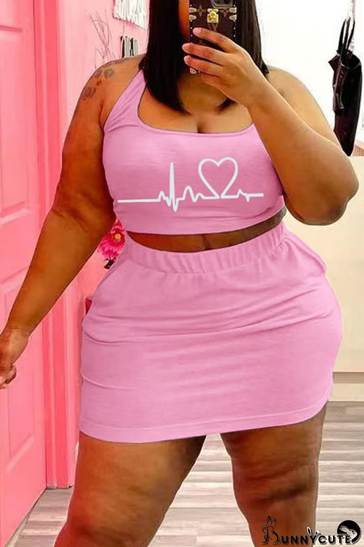 Pink Casual Print Split Joint U Neck Plus Size Two Pieces