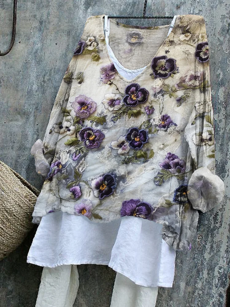 Pansy Floral Embroidered Lace Linen Blend Tunic