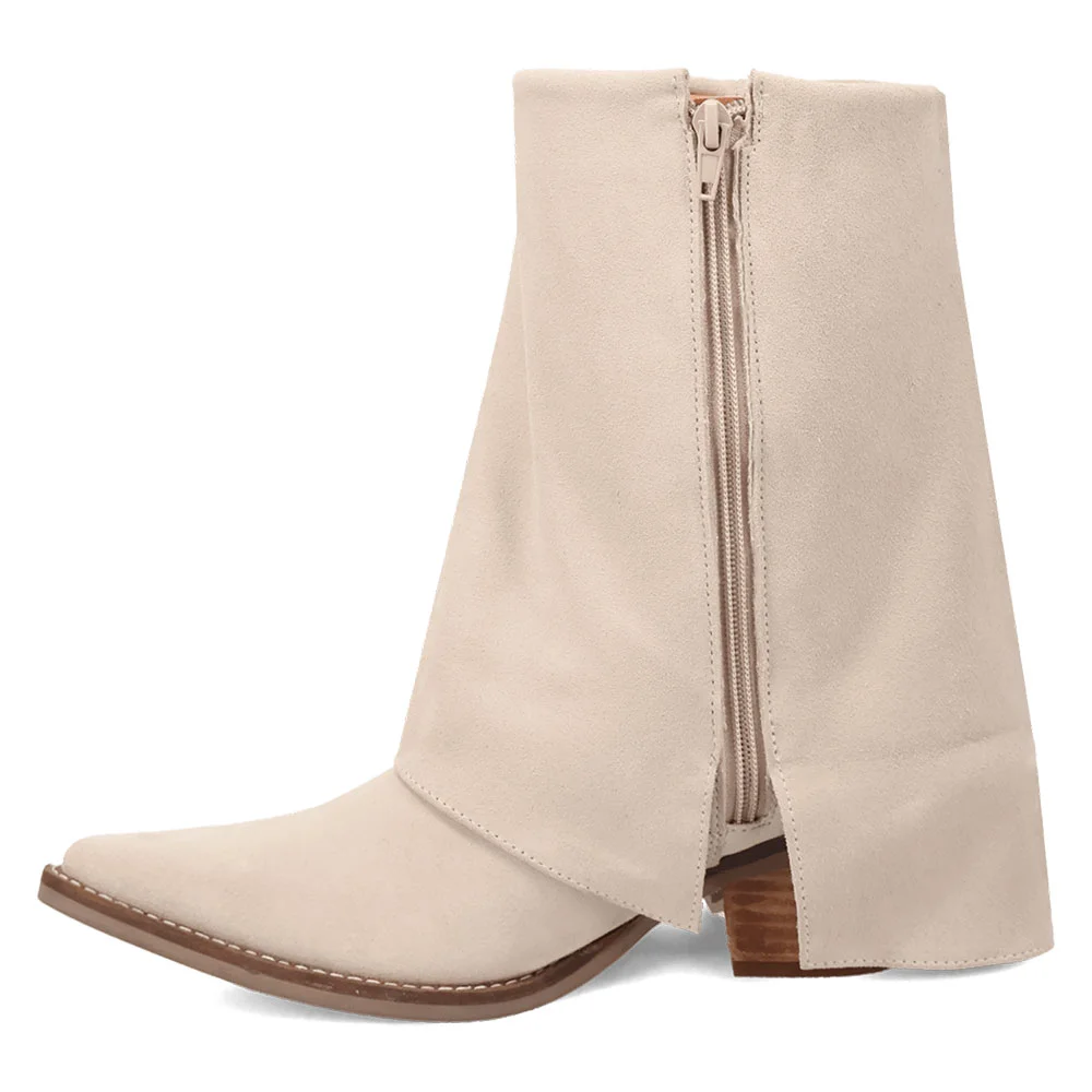 Beige Vegan Suede Chunky Heel Almond Toe Fold Over Fringe Booties