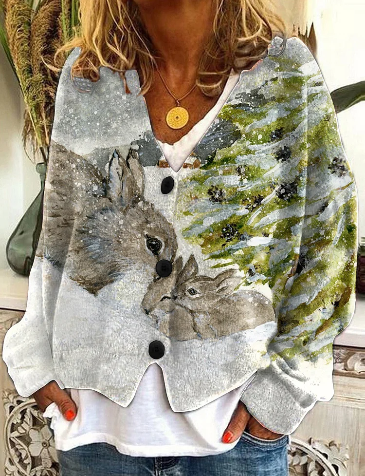 Winter Snow Bunny Print Casual Cardigan