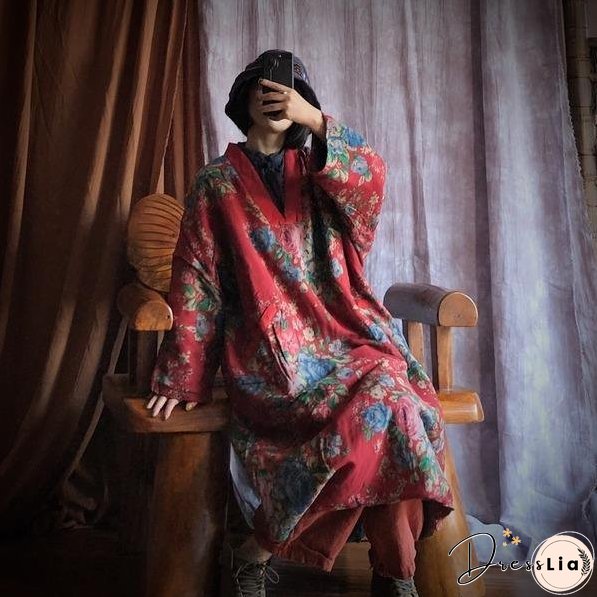 Loose Cotton Printed V Neck Padded Dress Ladies Vintage Robes Female