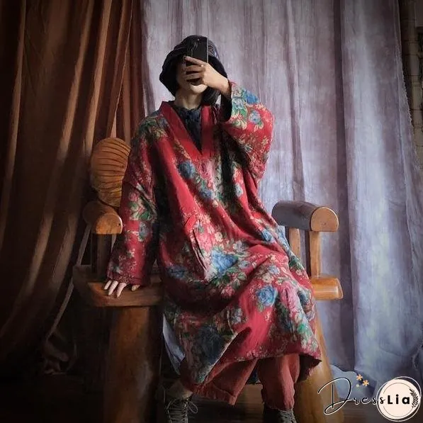 Loose Cotton Printed V Neck Padded Dress Ladies Vintage Robes Female