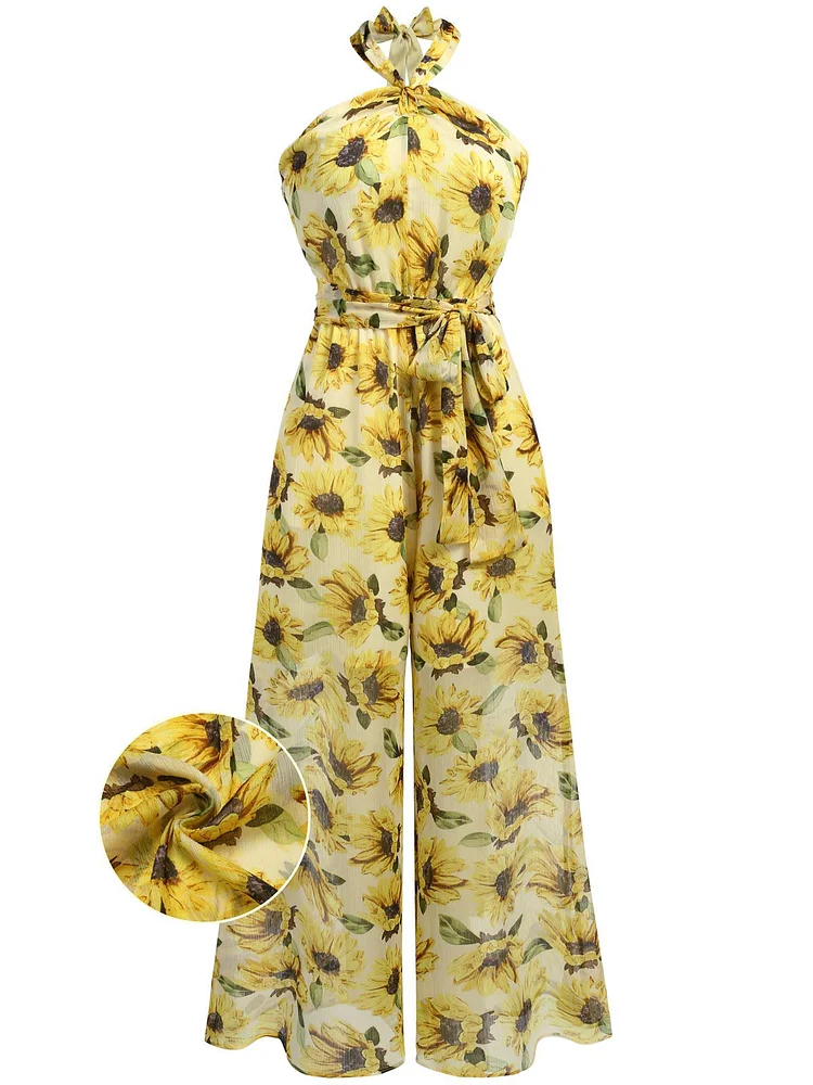 Yellow 1950s Floral Halter Jumpsuit