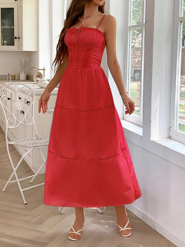 Elasticity Pleated Solid Color Tied A-Line Sleeveless Spaghetti-Neck Midi Dresses