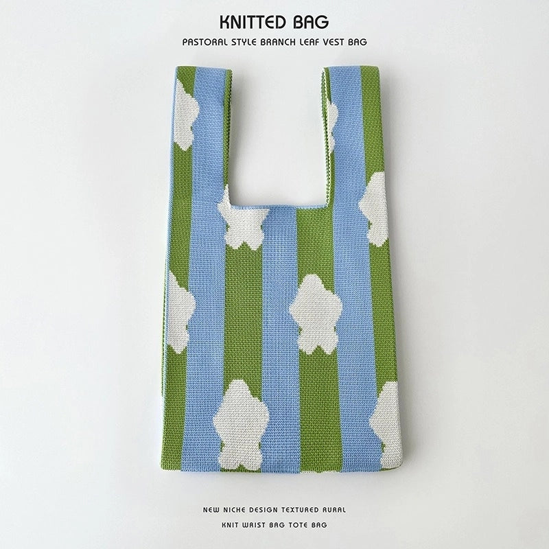 Women’s Medium Knit Letter Flower Cute Vintage Style Square Open Handbag