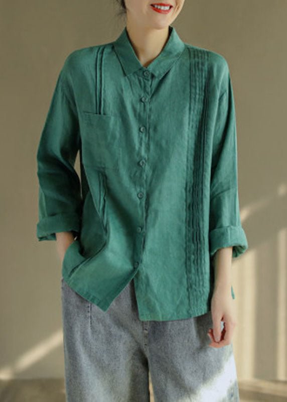 Green Linen Blouse Tops button asymmetrical design Long Sleeve CK2012- Fabulory