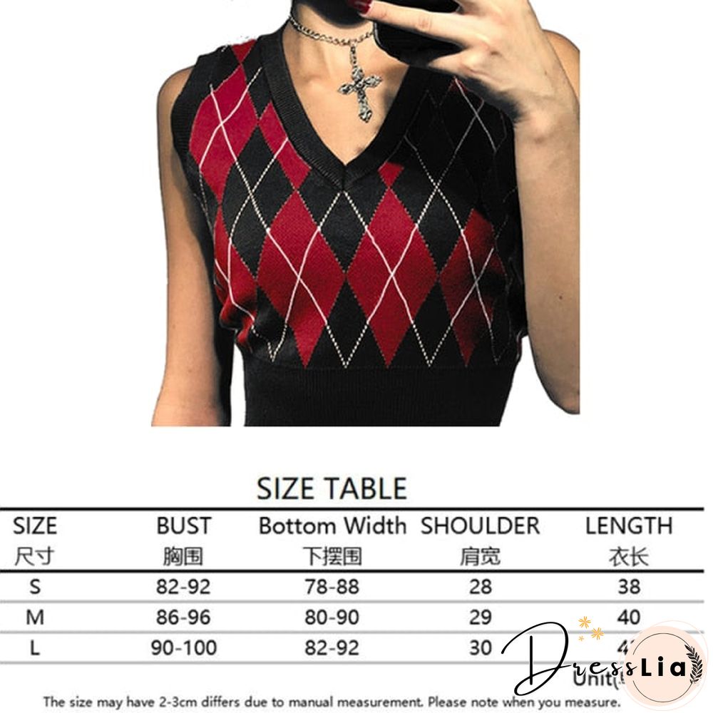 V Neck Vintage Argyle Sweater Vest Women Black Sleeveless Plaid Knitted Crop Sweaters Casual Autumn Preppy Style tops