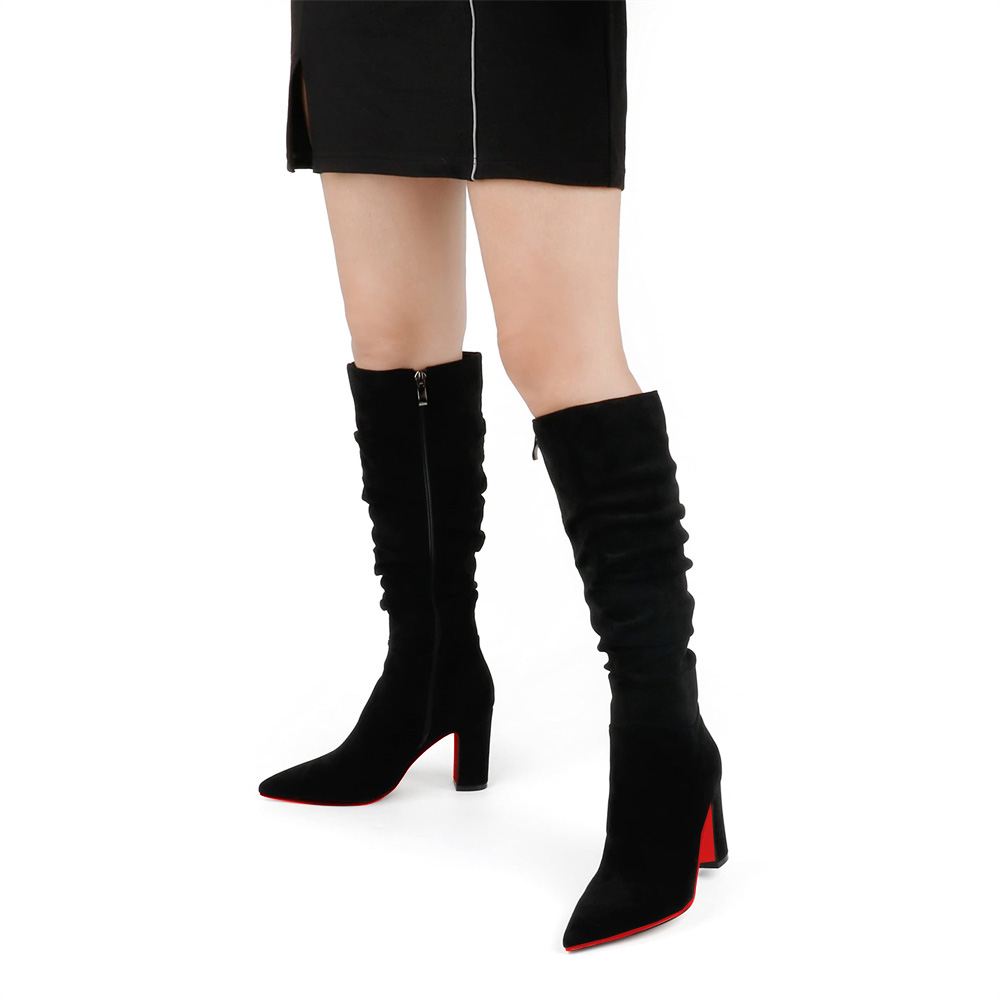 3.35" Women's Knee Red Bottom Boots Chunky Heels Zipper Fashion Sexy Suede Slouchy Boot-MERUMOTE