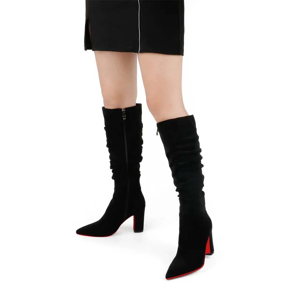 3.35" Women's Knee Red Bottom Boots Chunky Heels Zipper Fashion Sexy Suede Slouchy Boot-MERUMOTE
