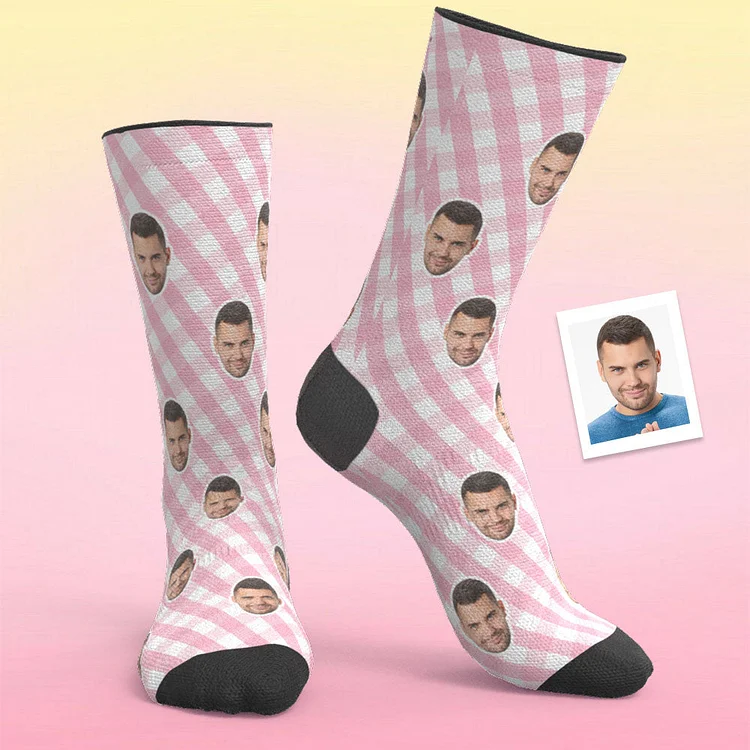 Custom Breathable Face Socks Pink Plaid Socks