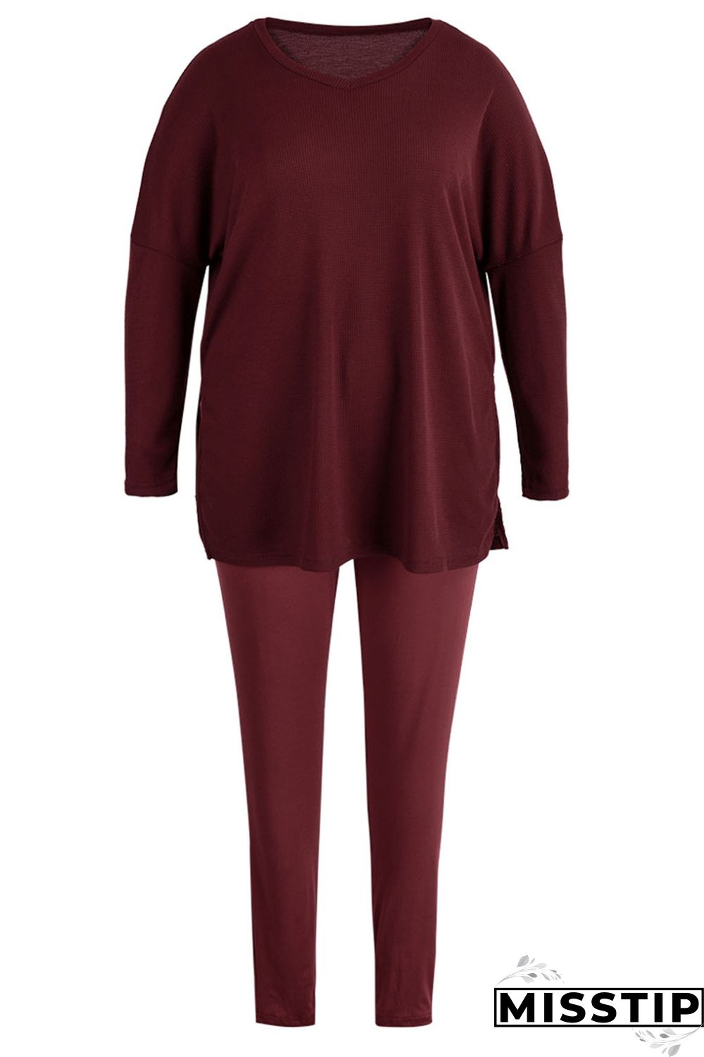 Rose Red Casual Solid Patchwork Slit V Neck Plus Size Two Pieces